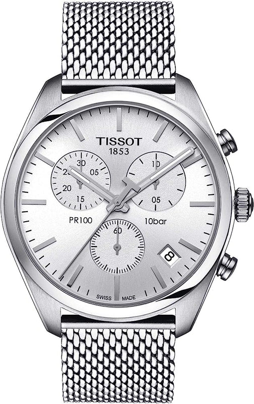 Tissot PR 100 Chronograph White Dial Silver Mesh Bracelet Watch For Men - T101.417.11.031.02 Authentic Buy Shop Now