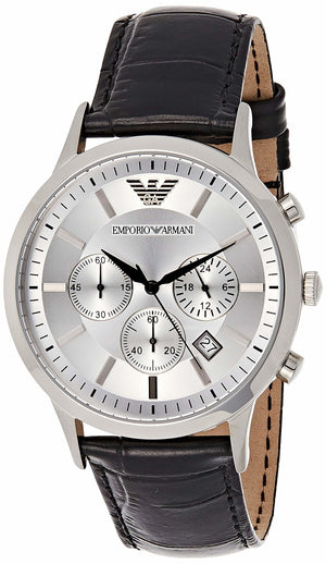 Emporio Armani Classic Chronograph Silver Dial Black Leather Strap Watch For Men - AR2432 Authentic Buy Shop Now