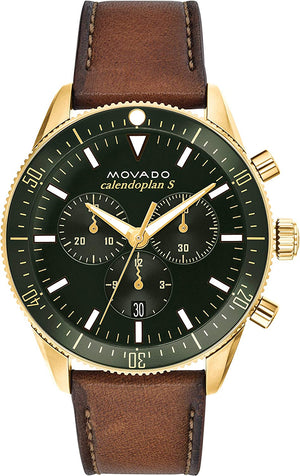 Movado Heritage Chronograph Green Dial Brown Leather Strap Watch For Men - 3650062 Authentic Buy Shop Now