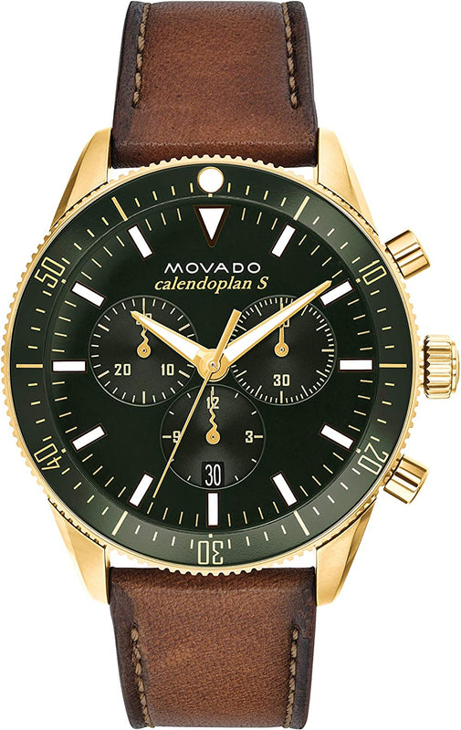 Movado Heritage Chronograph Green Dial Brown Leather Strap Watch For Men - 3650062 Authentic Buy Shop Now