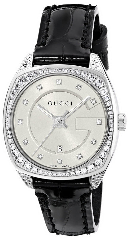 Gucci GG2570 Diamonds Silver Dial Black Leather Strap Watch For Women - YA142507 Authentic Buy Shop Now