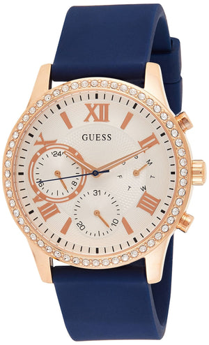 Guess Solar White Rose Gold Dial Blue Rubber Strap Watch For Women - W1135L3 Authentic Buy Shop Now
