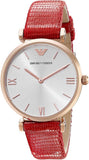 Emporio Armani Gianni T Bar Silver Dial Red Leather Strap Watch For Women - AR1876 Authentic Buy Shop Now