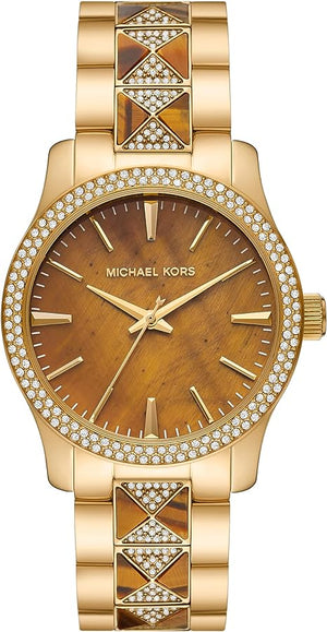 Michael Kors Runway Three Hand Brown Dial Two Tone Steel Strap Watch For Women - MK7389 Authentic Buy Shop Now