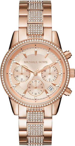 Michael Kors Ritz Chronograph Rose Gold Dial Rose Gold Steel Strap Watch For Women - MK6485 Authentic Buy Shop Now