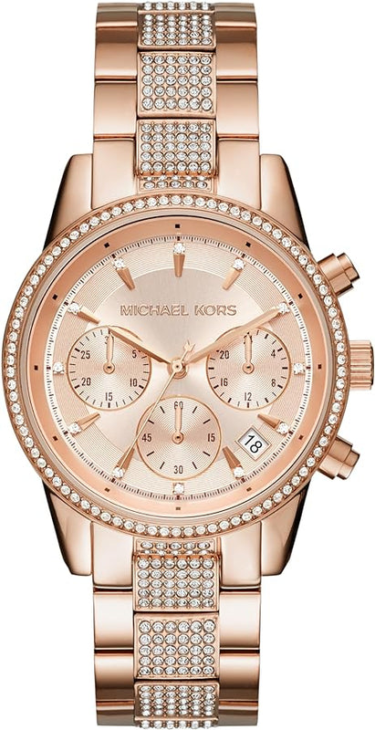 Michael Kors Ritz Chronograph Rose Gold Dial Rose Gold Steel Strap Watch For Women - MK6485 Authentic Buy Shop Now