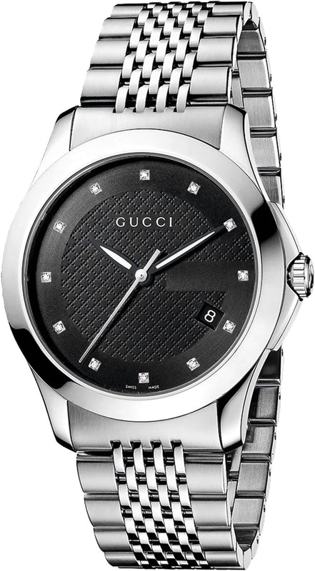 Gucci G Timeless Diamonds Black Dial Silver Steel Strap Watch For Men - YA126405 Authentic Buy Shop Now