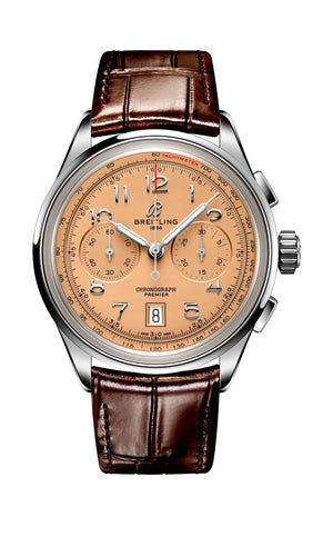 Breitling Premier B01 Chronograph 42 Beige Dial Brown Leather Strap Watch for Men - AB0145331K1P1 Authentic Buy Shop Now