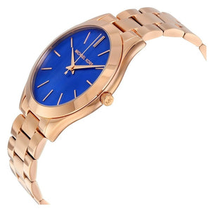 Michael Kors Slim Runway Quartz Blue Dial Rose Gold Steel Strap Watch For Women - MK3494 Authentic Buy Shop Now