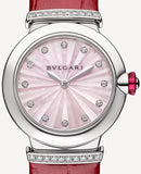 Bvlgari Lvcea Intarsio Diamonds Mother of Pearl Pink Dial Red Leather Strap Watch for Women - LVCEA103619 Authentic Buy Shop Now