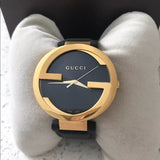 Gucci Interlocking G Gold Black Dial Black Leather Strap Unisex Watch - YA133326 Authentic Buy Shop Now