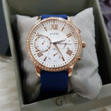 Guess Solar White Rose Gold Dial Blue Rubber Strap Watch For Women - W1135L3 Authentic Buy Shop Now