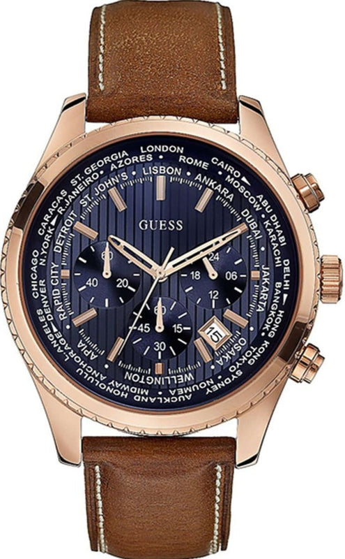 Guess Persuit Chronograph Blue Dial Brown Leather Strap Watch for Men - W0500G1 Authentic Buy Shop Now