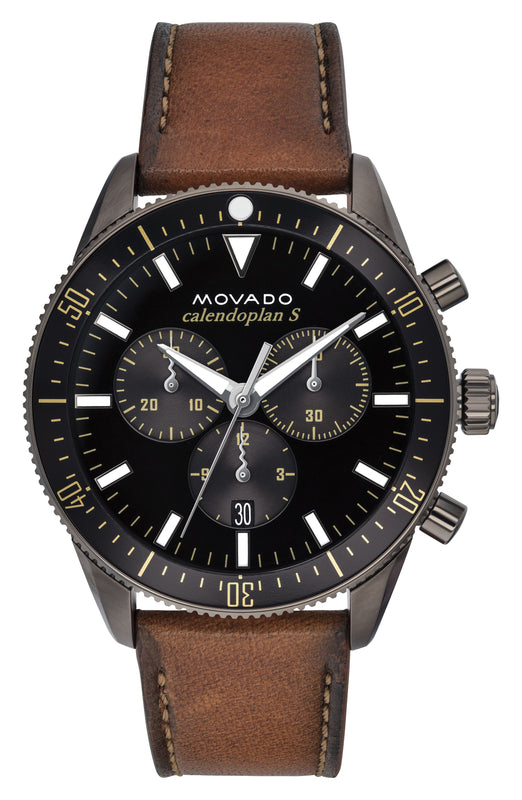 Movado Heritage Series 29mm Calendoplan Chronograph Black Dial Brown Leather Strap Watch For Men - 3650060 Authentic Buy Shop Now