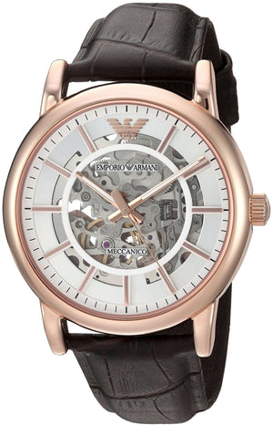 Emporio Armani Meccanico Silver Skeleton Dial Brown Leather Strap Watch For Men - AR1983 Authentic Buy Shop Now