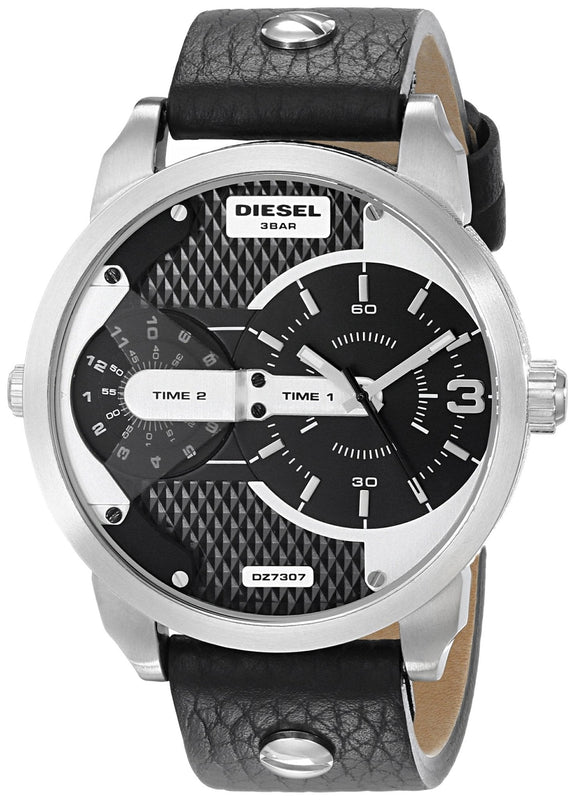 Diesel Mini Daddy Black Silver Dial Black Leather Strap Watch For Men - DZ7307 Authentic Buy Shop Now