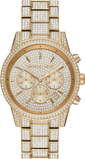 Michael Kors Ritz Three-Hand Glitz Crystals Gold Dial Gold Steel Strap Watch for Women - MK6747 Authentic Buy Shop Now
