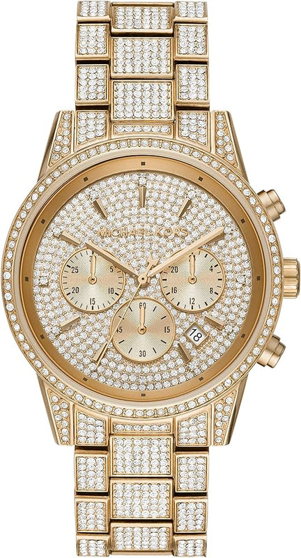 Michael Kors Ritz Three-Hand Glitz Crystals Gold Dial Gold Steel Strap Watch for Women - MK6747 Authentic Buy Shop Now