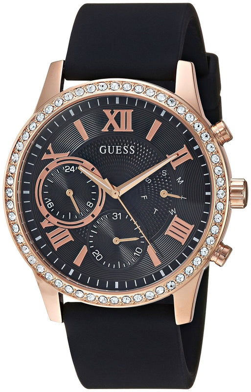 Guess Solar 40mm Black & Rose Gold Dial Black Rubber Strap Watch For Women - W1135L4 Authentic Buy Shop Now