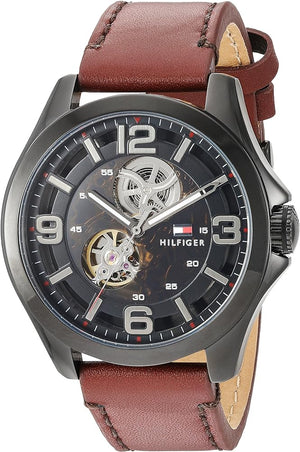 Tommy Hilfiger Bruce Automatic Black Dial Brown Leather Strap Watch for Men - 1791280 Authentic Buy Shop Now