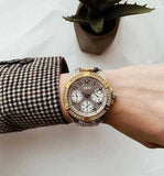 Guess Frontier Chronograph Crystals Gold Dial Two Tone Steel Strap Watch For Women - W1156L5 Authentic Buy Shop Now