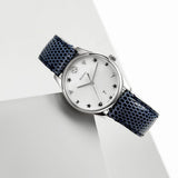 Gucci G-Timeless Signature Mother of Pearl Silver Dial Blue Leather Strap Watch For Women - YA1264049 Authentic Buy Shop Now