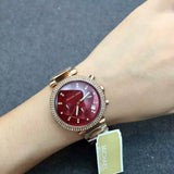 Michael Kors Parker Chronograph Red Dial Rose Gold Steel Strap Watch For Women - MK6106 Authentic Buy Shop Now