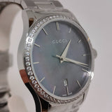 Gucci G Timeless Diamonds Mother of Pearl Blue Dial Silver Steel Strap Unisex Watch - YA126458 Authentic Buy Shop Now