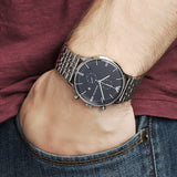 Emporio Armani Gianni Chronograph Black Dial Silver Steel Strap Watch For Men - AR80009 Authentic Buy Shop Now