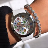 Guess Wanderlust Crystals Silver Dial White Rubber Strap Watch For Women - W1059L3 Authentic Buy Shop Now