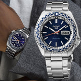 Seiko 5 Sports Petrol Blue Checker Flag Special Edition Blue Dial Silver Steel Strap Watch For Men - SRPK65K1 Authentic Buy Shop Now