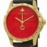 Gucci G Timeless Coral Red Dial Black Leather Strap Watch For Men - YA126464 Authentic Buy Shop Now