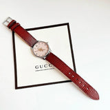 Gucci G Timeless Quartz Diamonds Pink Dial Red Leather Strap Watch For Women - YA1265017 Authentic Buy Shop Now
