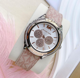 Michael Kors Multifunction Silver Dial Pink Leather Strap Watch For Women - MK7206 Authentic Buy Shop Now