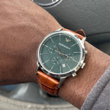 Emporio Armani Renato Chronograph Green Dial Brown Leather Strap Watch For Men - AR2493 Authentic Buy Shop Now