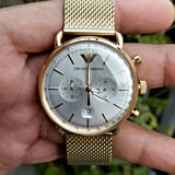 Emporio Armani Aviator Chronograph Quartz Beige Dial Gold Mesh Bracelet Watch For Men - AR11315 Authentic Buy Shop Now