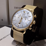 Emporio Armani Aviator Chronograph Quartz Beige Dial Gold Mesh Bracelet Watch For Men - AR11315 Authentic Buy Shop Now