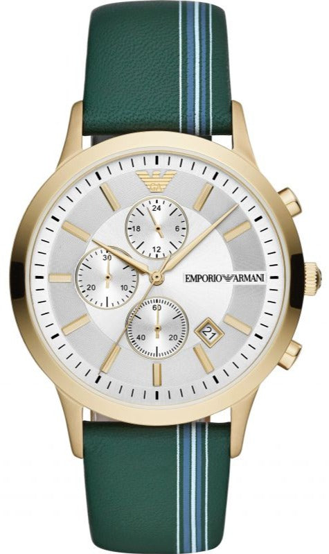 Emporio Armani Renato Chronograph Silver Dial Green Leather Strap Watch For Men - AR11233 Authentic Buy Shop Now