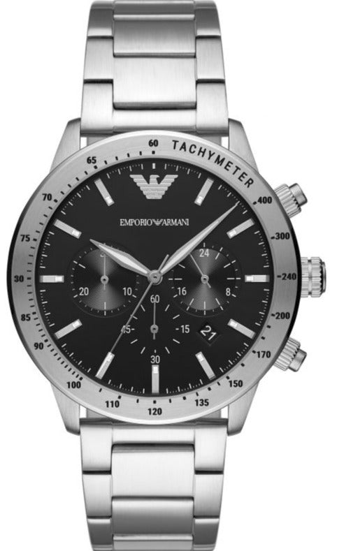 Emporio Armani Mario Chronograph Black Dial Silver Steel Strap Watch For Men - AR11241 Authentic Buy Shop Now