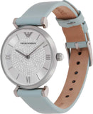 Emporio Armani Gianni T Bar Analog Crystals Silver Dial Blue Leather Strap Watch For Women - AR11443 Authentic Buy Shop Now