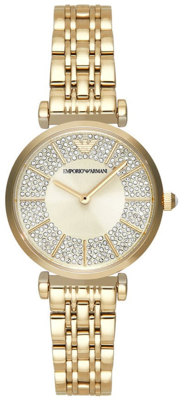 Emporio Armani Gianni T Bar Analog Crystals Gold Dial Gold Steel Strap Watch For Women - AR11608 Authentic Buy Shop Now