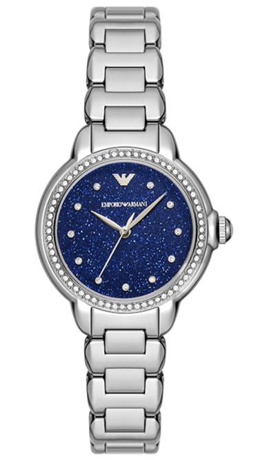 Emporio Armani Mia Three Hand Crystals Blue Dial Silver Steel Strap Watch For Women - AR11630 Authentic Buy Shop Now