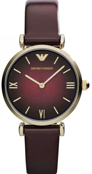 Emporio Armani Gianni T Bar Burgundy Dial Burgundy Leather Strap Watch For Women - AR1757 Authentic Buy Shop Now