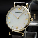 Emporio Armani Gianni T-Bar Quartz Mother of Pearl Dial Black Leather Strap Watch For Women - AR1910 Authentic Buy Shop Now