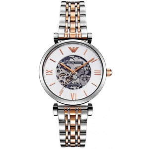 Emporio Armani Gianni T Bar Silver Skeleton Dial Two Tone Strap Watch For Women - AR1992 Authentic Buy Shop Now