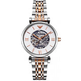 Emporio Armani Gianni T Bar Silver Skeleton Dial Two Tone Strap Watch For Women - AR1992 Authentic Buy Shop Now