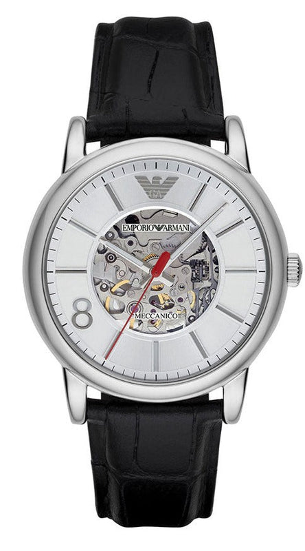 Emporio Armani Meccanico Silver Skeleton Dial Black Leather Watch For Men - AR1997 Authentic Buy Shop Now