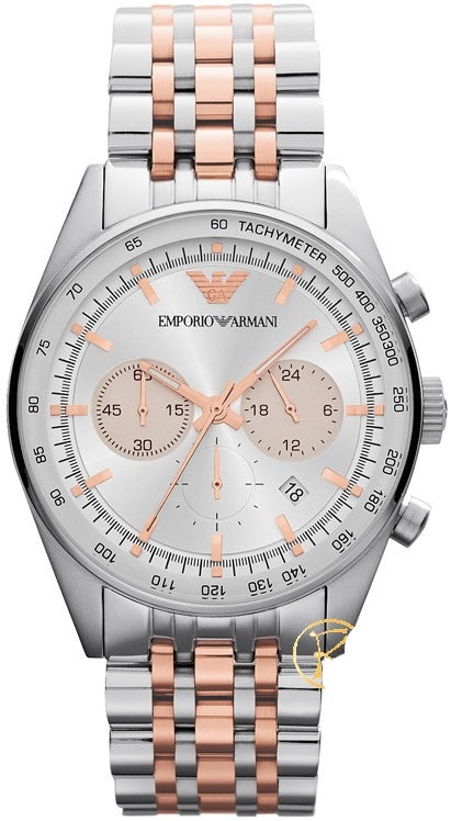 Emporio Armani Sportivo Chronograph Silver Dial Two Tone Steel Strap Watch For Men - AR5999 Authentic Buy Shop Now