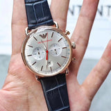 Emporio Armani Aviator Silver Dial Blue Leather Strap Watch For Men - AR11123 Authentic Buy Shop Now