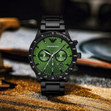 Emporio Armani Mario Chronograph Green Dial Black Steel Strap Watch For Men - AR11472 Authentic Buy Shop Now